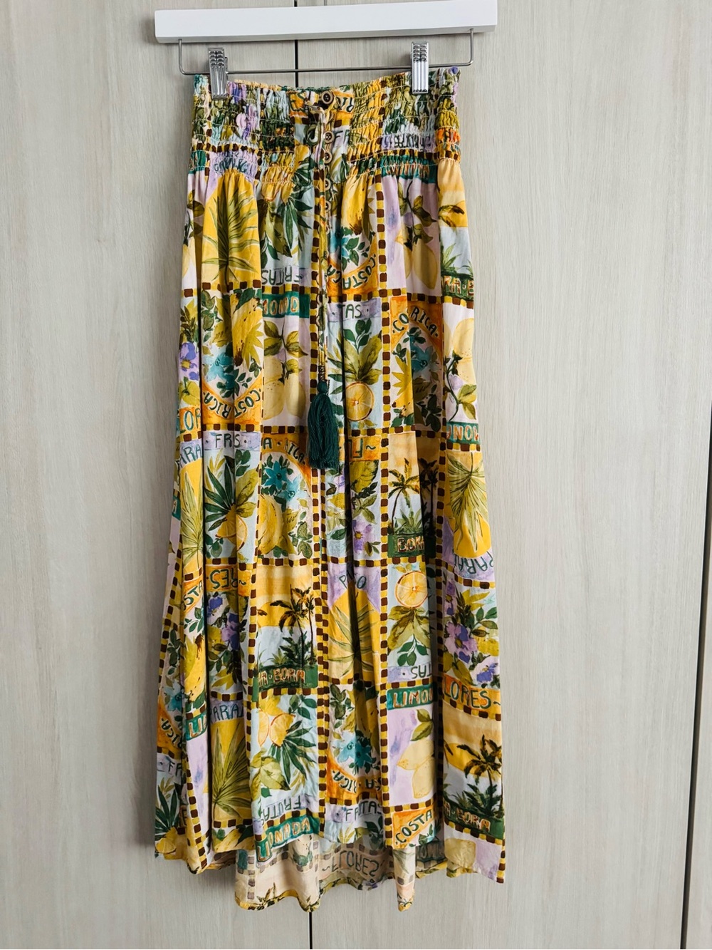 Vici Yellow Floral Patchwork Maxi Skirt with Tassel Tie and elastic waist